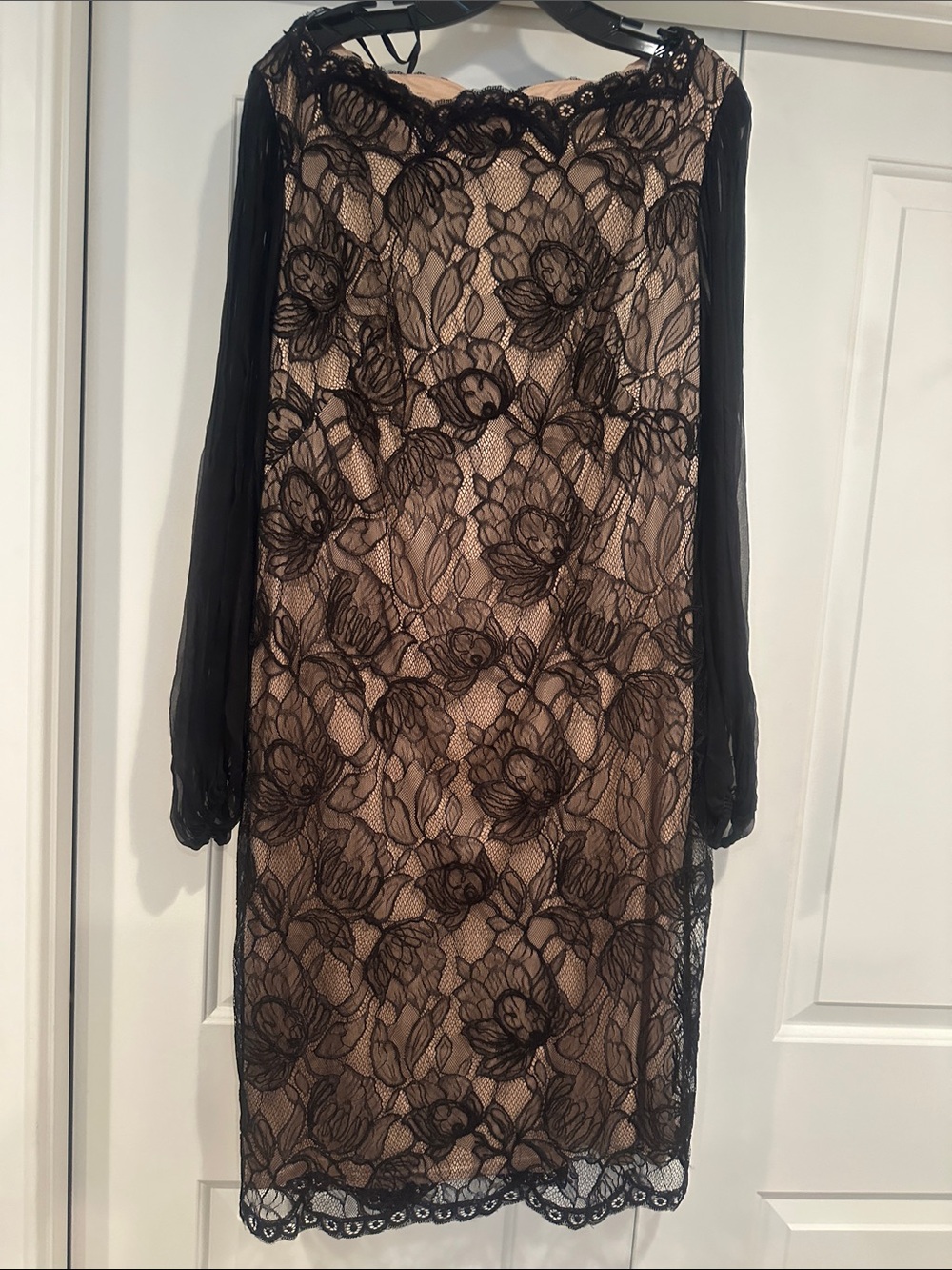 Tadashi Shoji Black Lace Overlay on Nude Long Sleeve Sheath